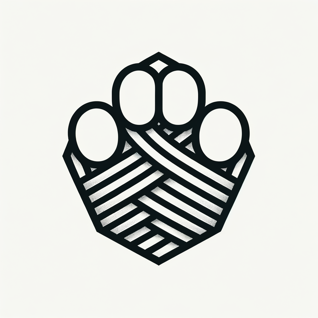 minimal geometric logo icon,  dog paw constructed with clean rope-like lines,  interwoven curves suggesting binding structure,  abstract and symbolic,  pure black and white only, no gradients,  high contrast, balanced composition,  smooth curves, cohesive form,  flat vector, centered, no text