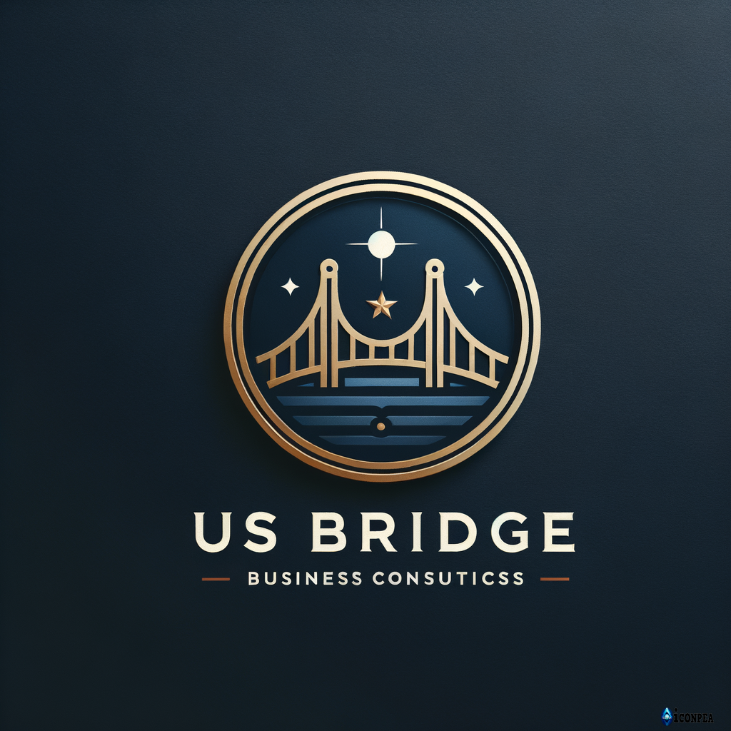 Create a premium, minimal, professional logo for “US Bridge” with the text exactly as: US Bridge Use an elegant, simple bridge icon inspired by the letters U and S, clearly readable and high-end. The style should be modern, corporate, timeless, and suitable for business consulting and global services. Colors: blend navy blue and white with elegant royal gold, with red used minimally as an accent. The logo must be clean, balanced, and look great on dark and light backgrounds.