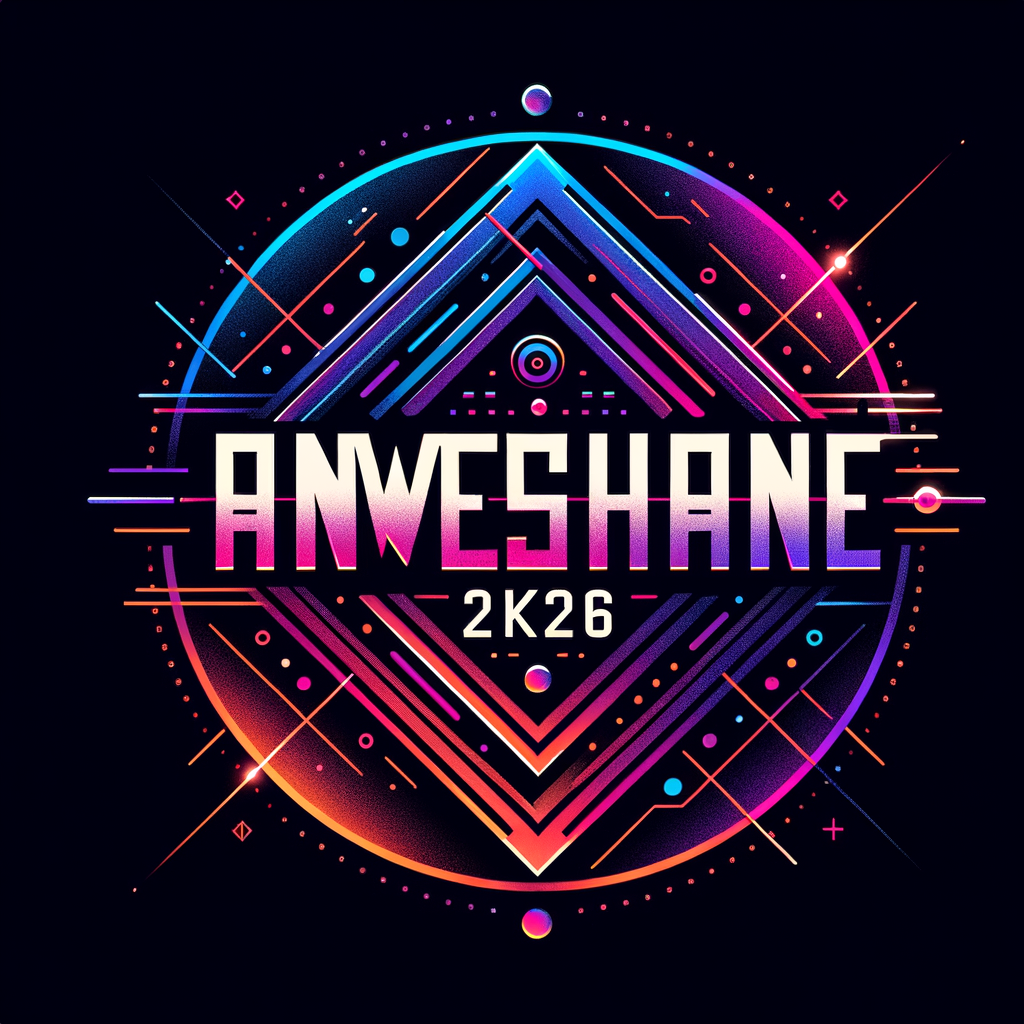 Create a modern, stylish logo for “ANWESHANE 2K26” with a futuristic and premium festival vibe.  Concept: - No circular layout. Use a dynamic, angled composition. - Focus on bold typography as the main element. - “ANWESHANE” in large, custom-designed font (sleek, sharp edges, slightly futuristic) - “2K26” placed diagonally or overlapping in a contrasting style (bigger, eye-catching)  Design Style: - Use gradient colors like neon purple, electric blue, orange, and pink - Add glowing edges and soft light streaks for a futuristic feel - Incorporate abstract elements instead of icons (lines, waves, geometric shapes) - Subtle cultural hints blended into design (not obvious icons)  Background: - Dark gradient (black to deep purple/blue) - Add soft light flares, particles, or glow for depth  Typography: - Custom modern font, slightly italic/angled - Mix of bold + thin strokes for a premium look - Clean, sharp, high contrast  Extras: - Add motion feel (like speed lines or flowing energy) - Minimal but powerful — avoid clutter - 3D depth or glass effect on text  Quality: - Ultra HD, 4K, cinematic lighting, sharp details  Mood: Futuristic, energetic, elite college fest branding, Instagram-ready  --ar 1:1 --quality 2 --v 6