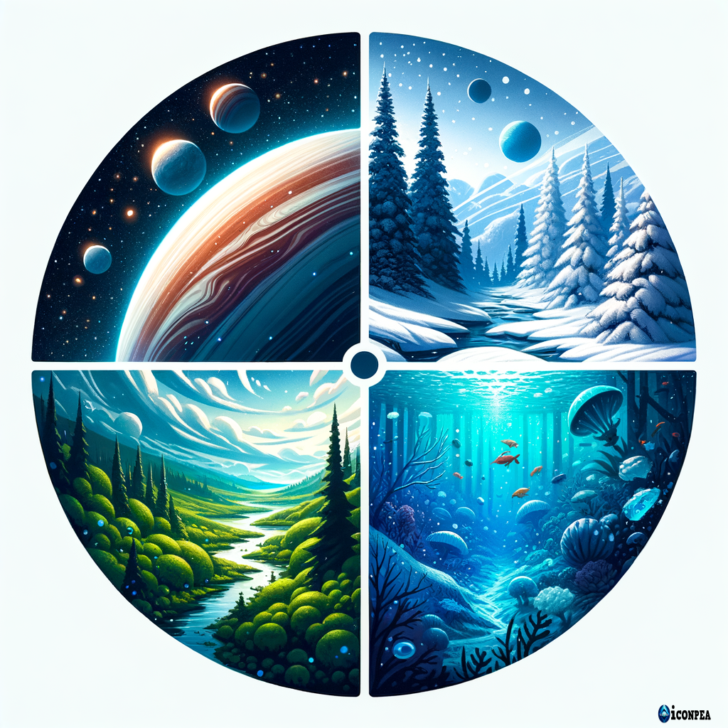 rounded logo with 4 distinctly different images: 1 exoplanet. 2 green. 3 ice. 4 underwater