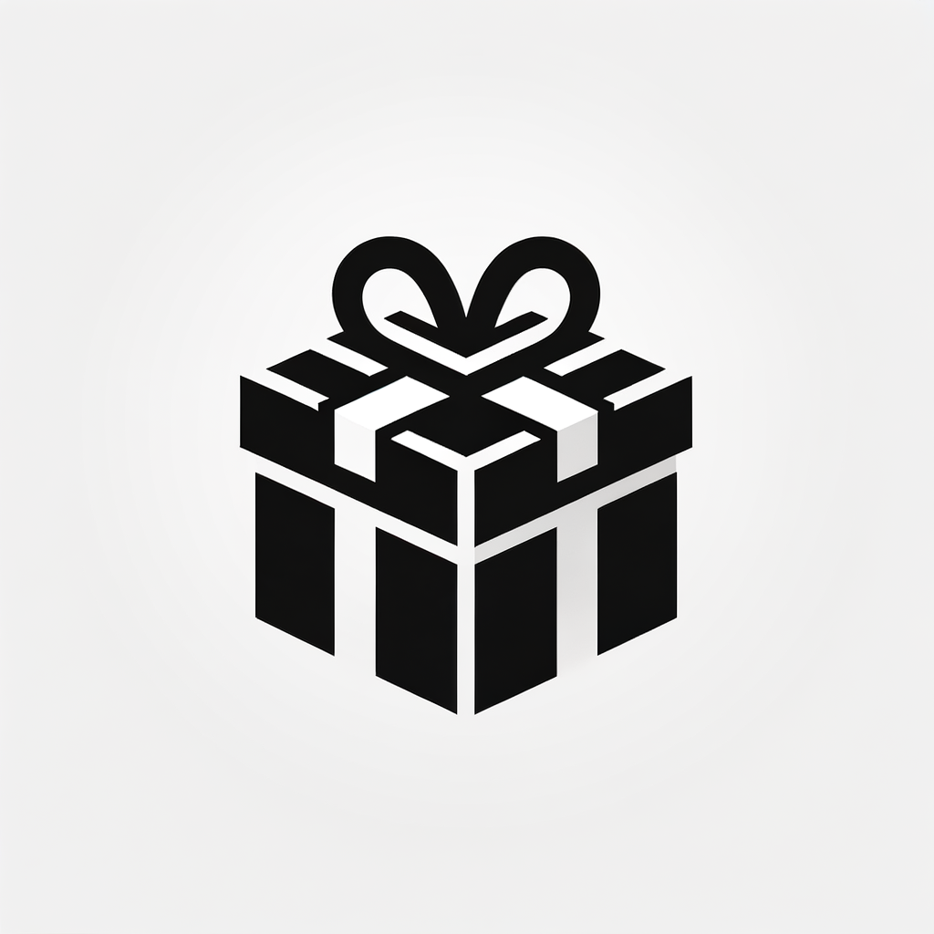 A small cube-shaped (classic) wrapped present/gift icon, black and white, clean and stylish, cool icon design.