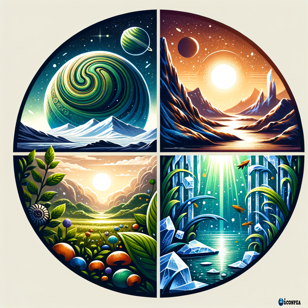 rounded logo with 4 different images. 1: exoplanet. 2: green. 3: ice. 4: underwater