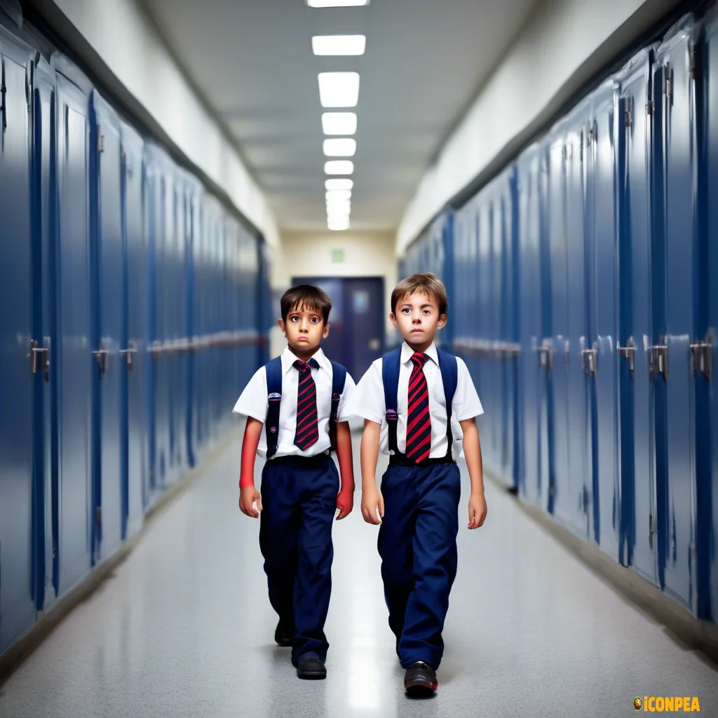 A 9 and 6 years old boy siblings walking in the school corridor, both wearing school uniform(navy blue shirts with striped navy blue and red ties and grey school pants. Both looking scared or sad