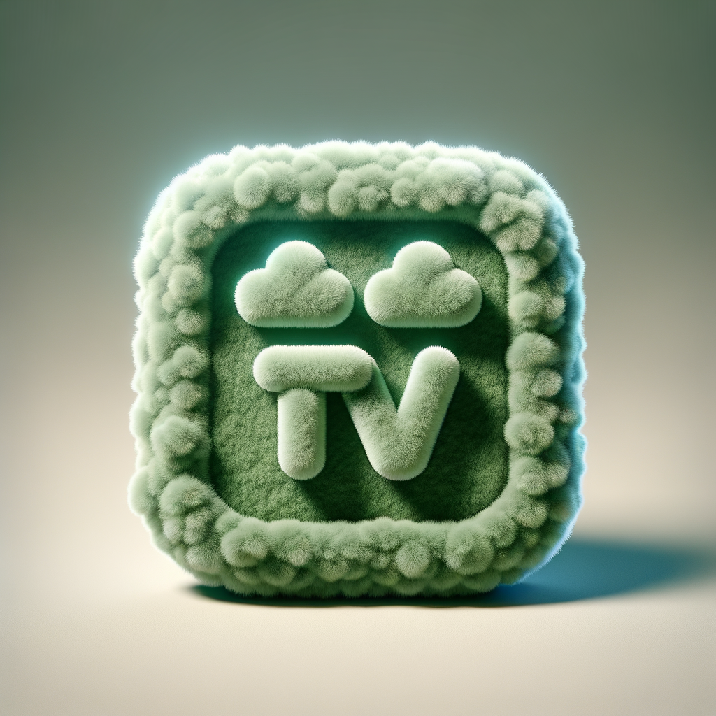 fluffy plush fabric app icon, soft fuzzy texture, green wool material, Thai bank style icon, letter TV made from soft yarn, cute rounded shape, 3D lighting, samsung one ui style icon, minimal background