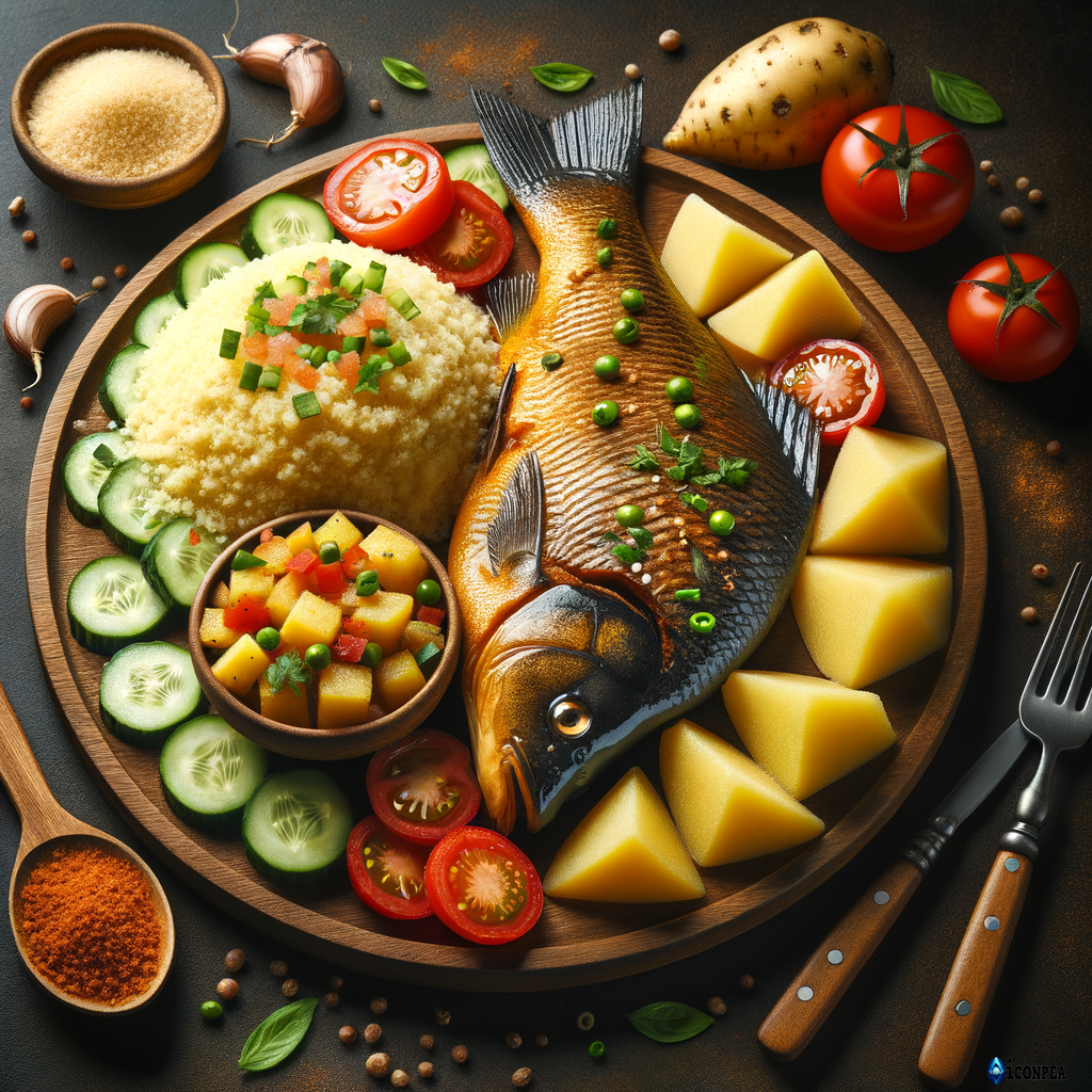un image de couscous de manioc avec concombre et tomata coupés en dés avec belle carpe bien braisé sans pomme de terre