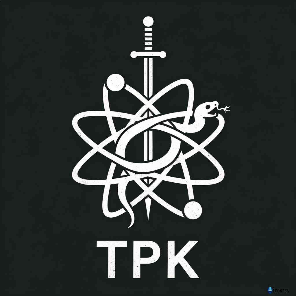 white text "TPK" on a black background, above letters an atom symbol of uran with a snake inside and a sword piercing the atom from top to bottom, minimalism, simple