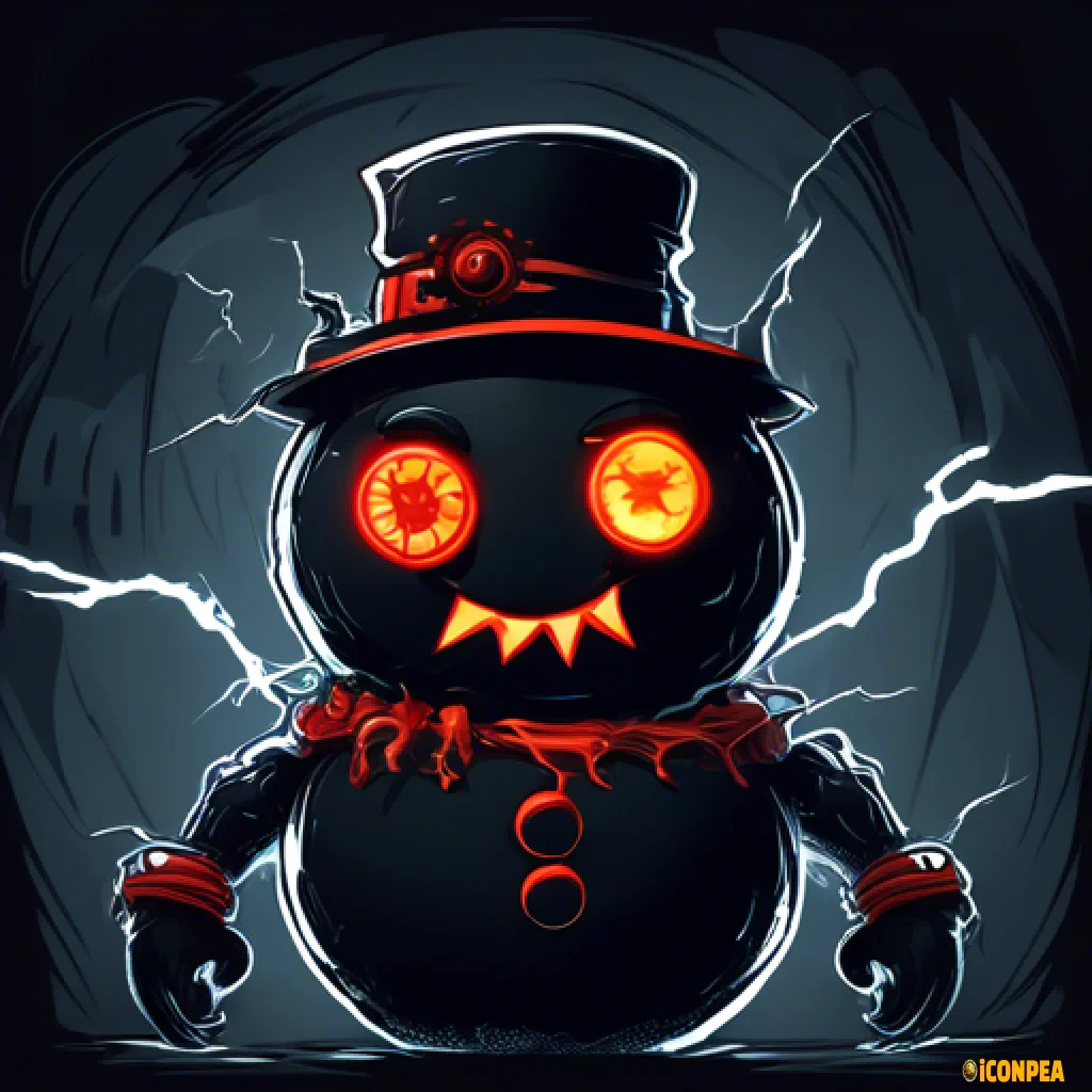 the head of an evil black snowman with red eyes, who has a big gear instead of a hat and a bitten carrot instead of a nose