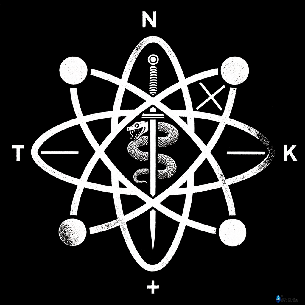 white text "TPK" on a black background, an atom symbol of uran-238 with a snake inside and a sword piercing the atom from top to bottom