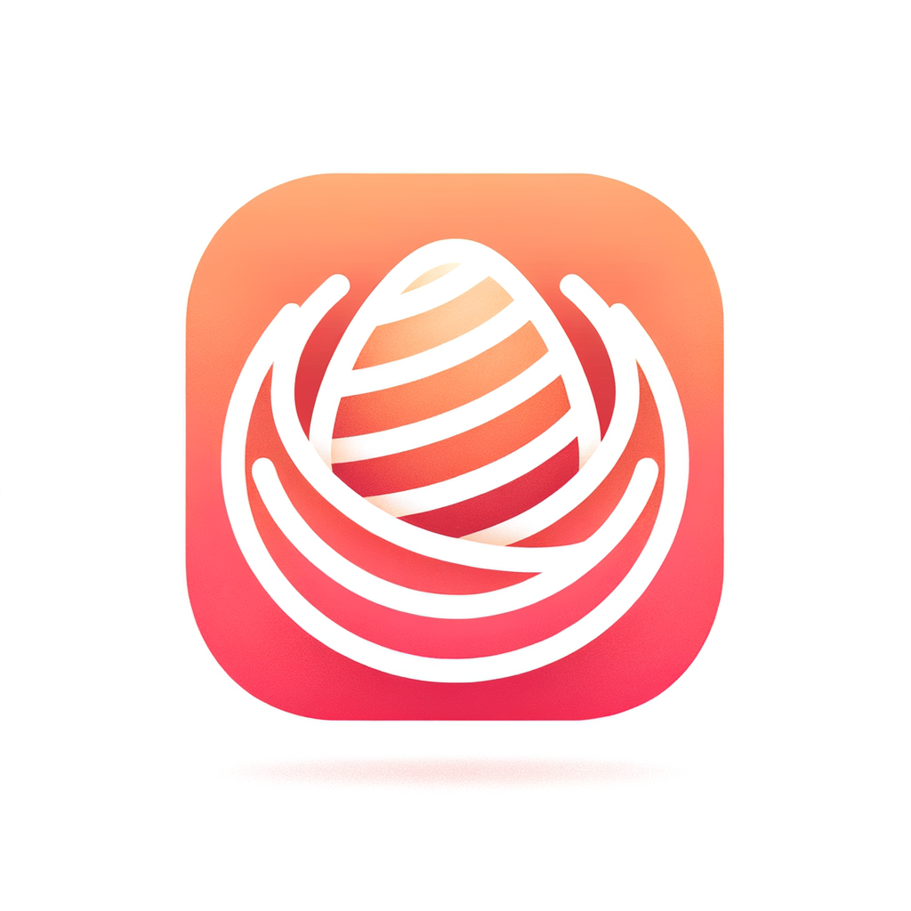 一个温暖的鸟巢图标，由柔和珊瑚色渐变线条构成，中心一颗微光蛋，象征家庭呵护与成长。极简扁平风，圆角方形，纯白背景，现代亲和，适合育儿AI应用。