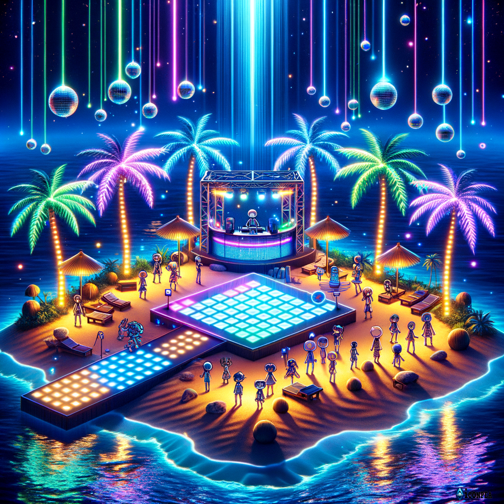 A Roblox-style scene showing a private tropical island turned into a disco party. The island has glowing neon palm trees, a sandy dance floor with Roblox avatars dancing under colorful lights, a DJ booth made of bamboo and coconuts, and the ocean glowing with reflections from lasers and disco lights. The night sky is full of stars, and the whole vibe feels exclusive, fun, and tropical — like a secret Roblox beach party.