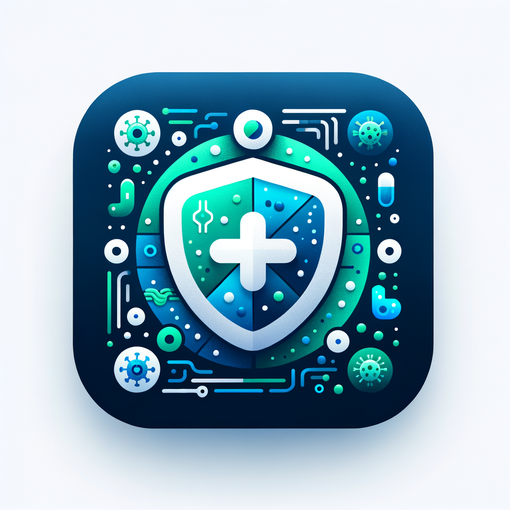 Create a modern, clean, and creative app icon and logo for a health app called "Dosee". The app focuses on combating antimicrobial resistance (AMR). Include subtle imagery of bacteria or microbes, antibiotics, or shields to represent protection. Use a professional yet friendly style, with colors like blue, green, and white. Minimalist, flat design, easily recognizable at small sizes for mobile app icons.