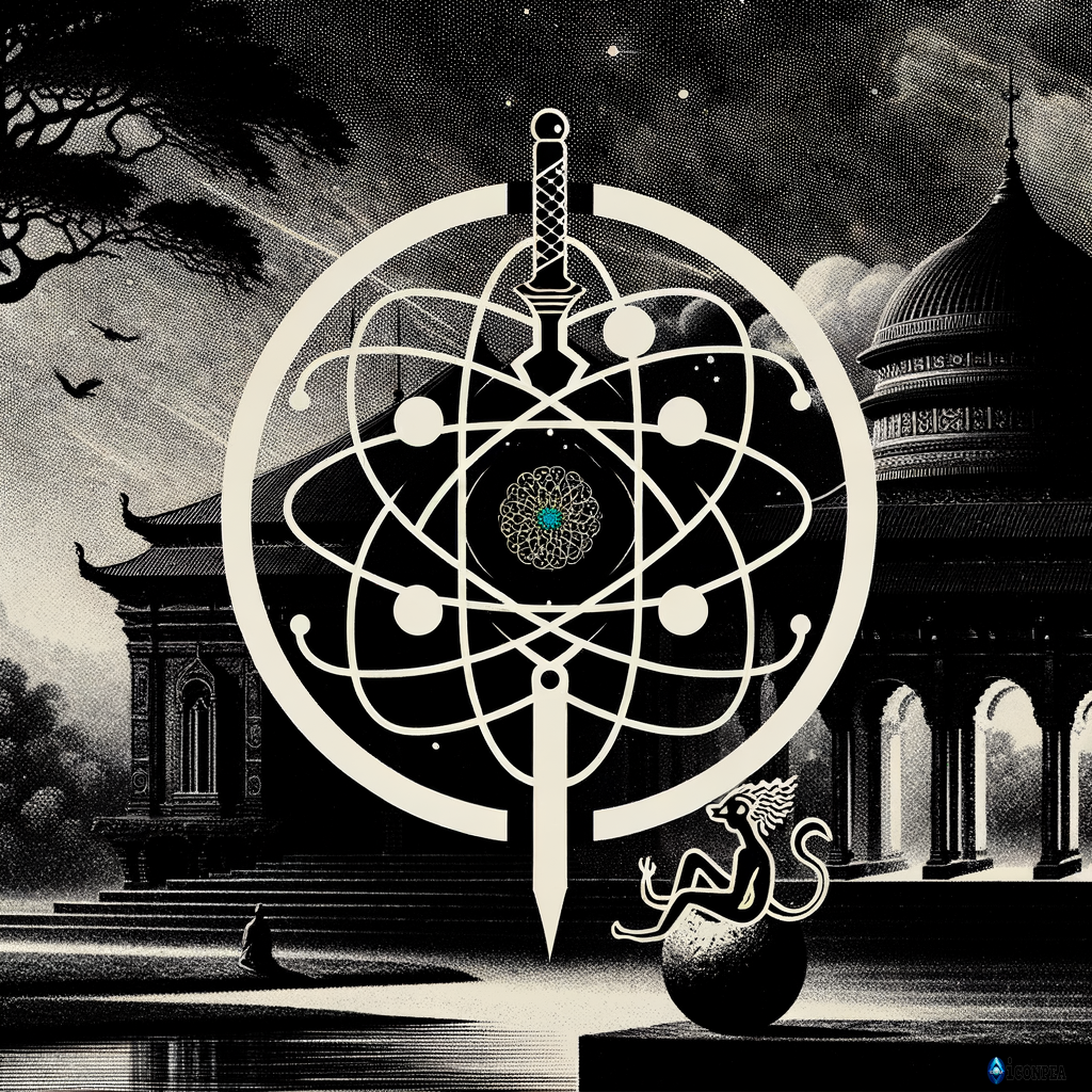 TV center, white text on a black background, an atom symbol with a snake inside and a sword piercing the atom from top to bottom