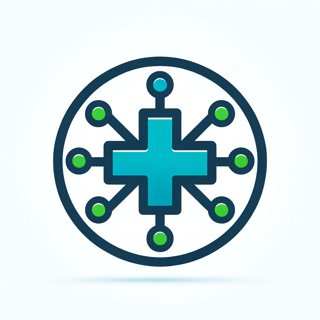 minimal flat healthcare icon, medical cross with network nodes, blue and green colors, clean SaaS style, white background, no text