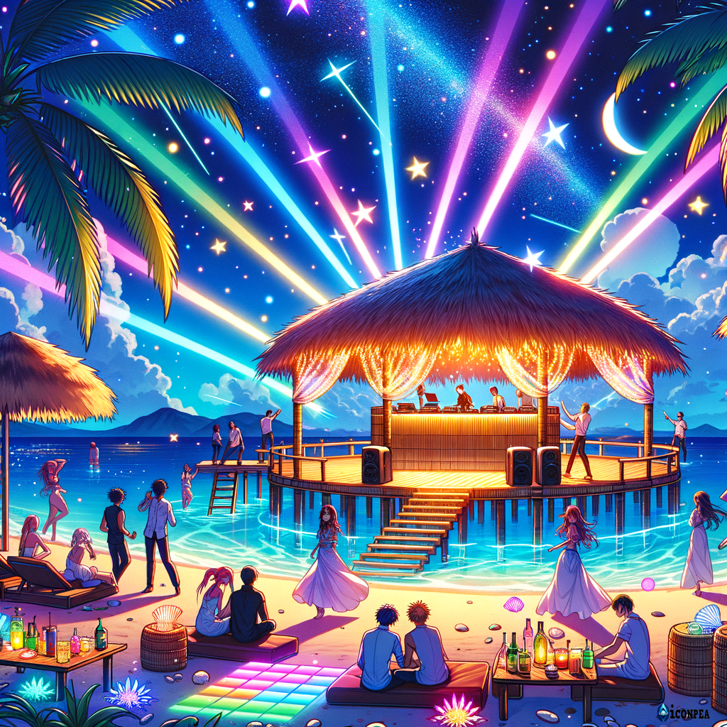 A vibrant illustration showing a private island at night transformed into a disco party. The scene features glowing neon lights reflecting off palm trees, a dance floor on the beach with people dancing under a starry sky, a DJ booth made from bamboo and shells, colorful lasers and light effects illuminating the ocean, and tropical cocktails on tables. The atmosphere feels exclusive, tropical, and full of lively energy.