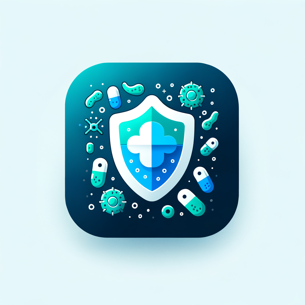 Create a modern, clean, and creative app icon and logo for a health app called "Dosee". The app focuses on combating antimicrobial resistance (AMR). Include subtle imagery of bacteria or microbes, antibiotics, or shields to represent protection. Use a professional yet friendly style, with colors like blue, green, and white. Minimalist, flat design, easily recognizable at small sizes for mobile app icons.