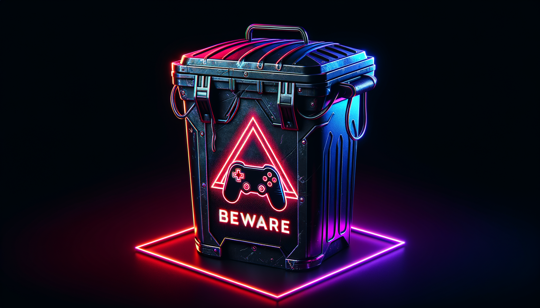 A dark futuristic trash can icon with a black metal trash can and glowing neon accents in purple, cyan, and red. The trash can is slightly open, showing a broken black PlayStation-style controller thrown inside. Across the trash can, very large bold warning text in bright glowing red says: "Trash - BEWARE". The text should look like a strong warning sign, aggressive and highly visible. Black background with neon lighting, cyberpunk style, high contrast, sharp clean icon design, centered composition, square 1:1 ratio, suitable as a desktop ICO icon.