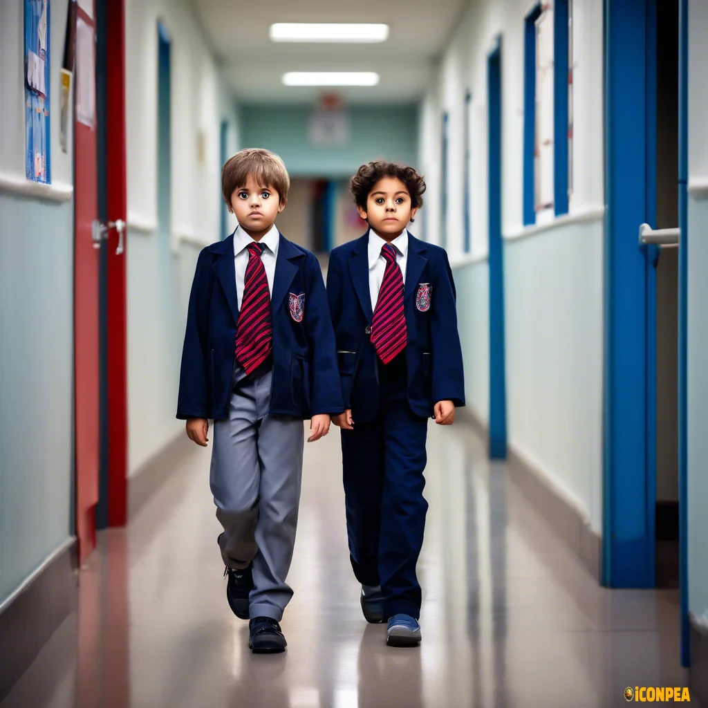 A 9 and 6 years old boy siblings walking in the school corridor, both wearing school uniform(navy blue shirts with striped navy blue and red ties and grey school pants. Both looking scared or sad