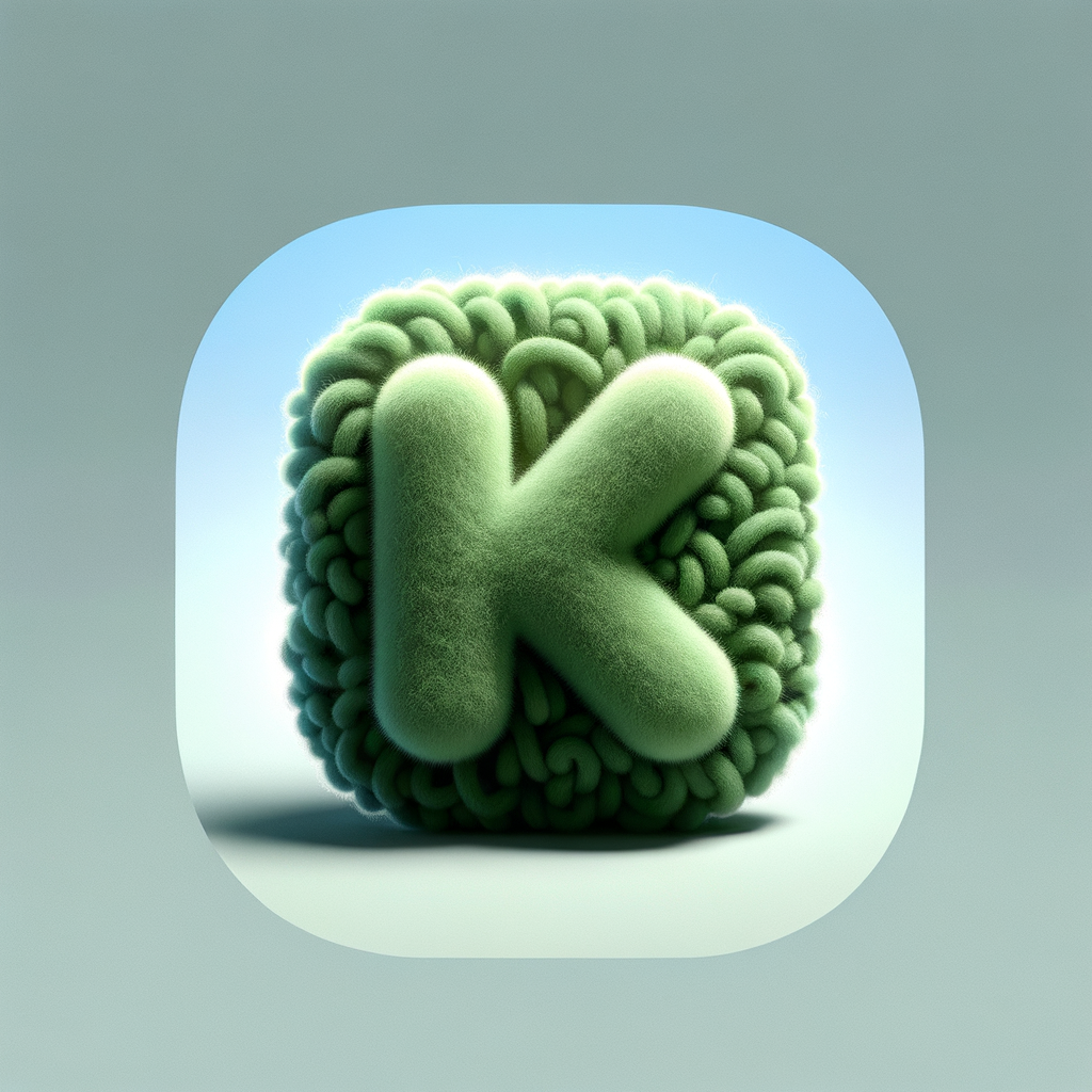 fluffy plush fabric app icon, soft fuzzy texture, green wool material, Thai bank style icon, letter K made from soft yarn, cute rounded shape, 3D lighting, samsung one ui style icon, minimal background