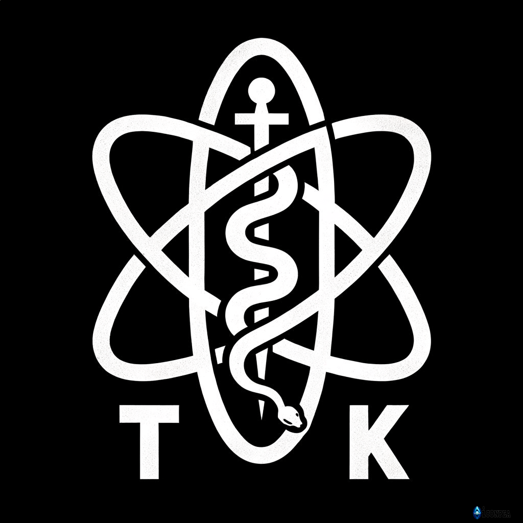 white text "TPK" on a black background, above letters an atom symbol of uran with a snake inside and a sword piercing the atom from top to bottom, minimalism, simple