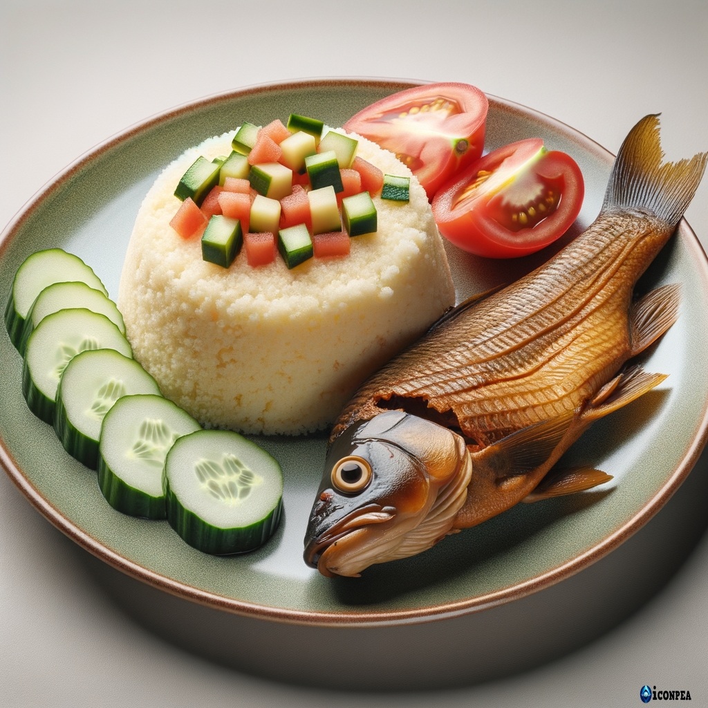un image de couscous de manioc avec concombre et tomata coupés en dés avec carpe braisé morte et sans les yeux