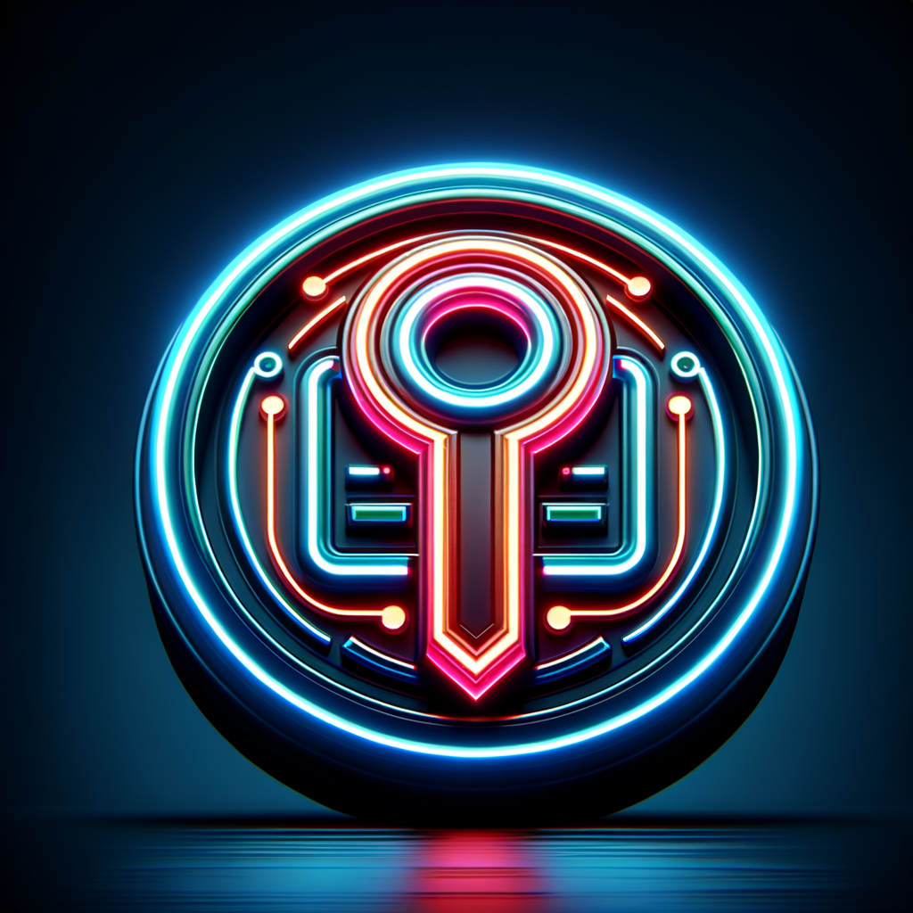 Futuristic gaming style icon logo for "Keystore", glowing neon key symbol, RGB lighting, dark background, cyberpunk style, sharp edges, high detail, vibrant colors, modern tech aesthetic, 4k, no text