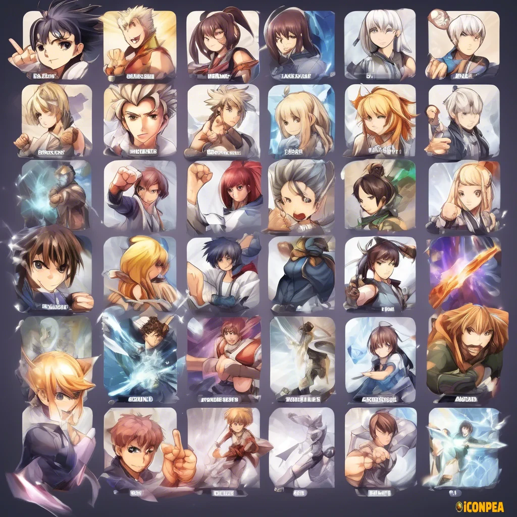Objective: Create an anime-style icon layout for each of the defined skills, in a format matching the provided example image.  10 skills for each of the characters mentioned above.  Details for each icon/design:  Clear Visual Representation The artwork must immediately convey whether the skill is Physical, Magical, Buff, Debuff, or Healing (e.g. a fist for a physical move, an energy orb for a spell, a heart for healing, etc.).  Show the Character’s Action Include a small silhouette or dynamic pose that highlights what the heroine does when using that skill (e.g. leaping into the air, summoning, raising a shield, casting a spell).  Style Anime style with clean linework and flat colors, enhanced by soft cel-shading.  Unified Frame or Badge Surround each icon with a consistent “fantasy-tech” frame or badge.  Format Transparent PNG, 128×128 px each (or similar), ready for use in HUDs or menus.
