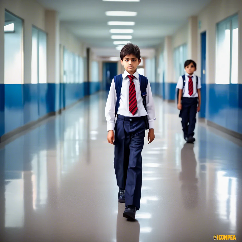 A sad looking 9 and 6 years old boy siblings walking in the school corridor, both wearing school uniform(navy blue shirts with striped navy blue and red ties and grey school pants.