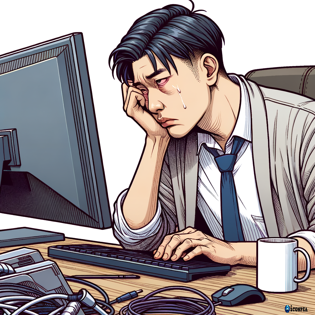 피곤한 컴퓨터하는 남자 만들어줘 아랍사람 말고 동양인으로 만들어봐 일러스트로 만들어봐