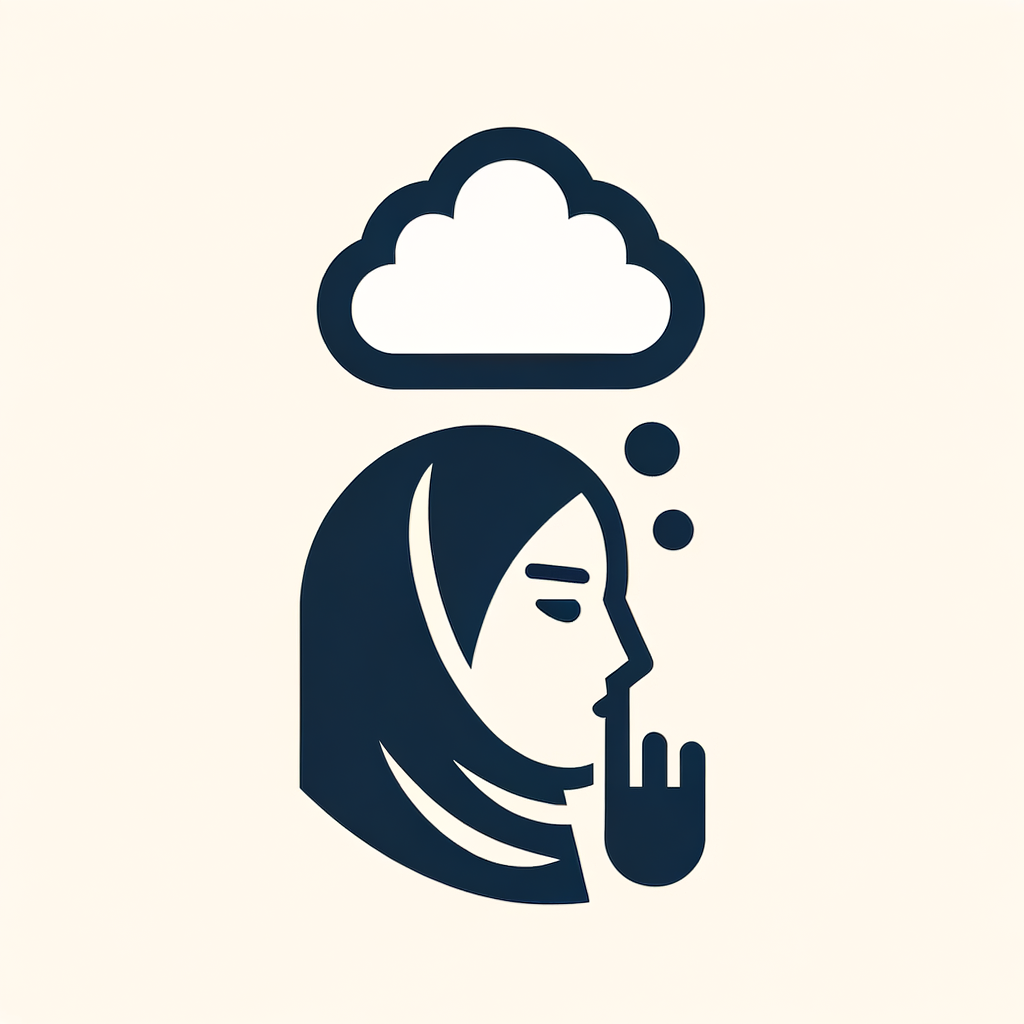 A woman in a hijab is holding her hand in front of her mouth and above her is a thought cloud. Make the face into a minimal icon and output it as a PNG. The entire face should be completely minimal.