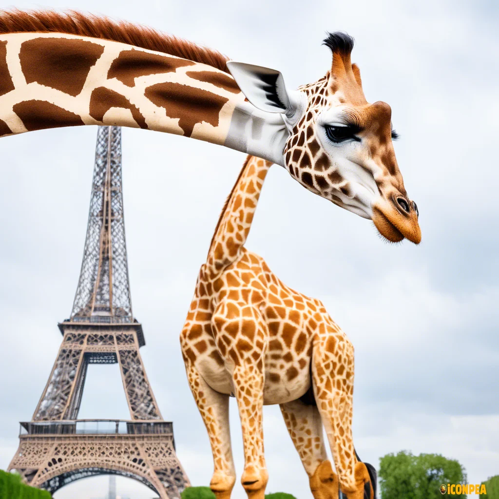Giraffe standing in front of eiffel tower