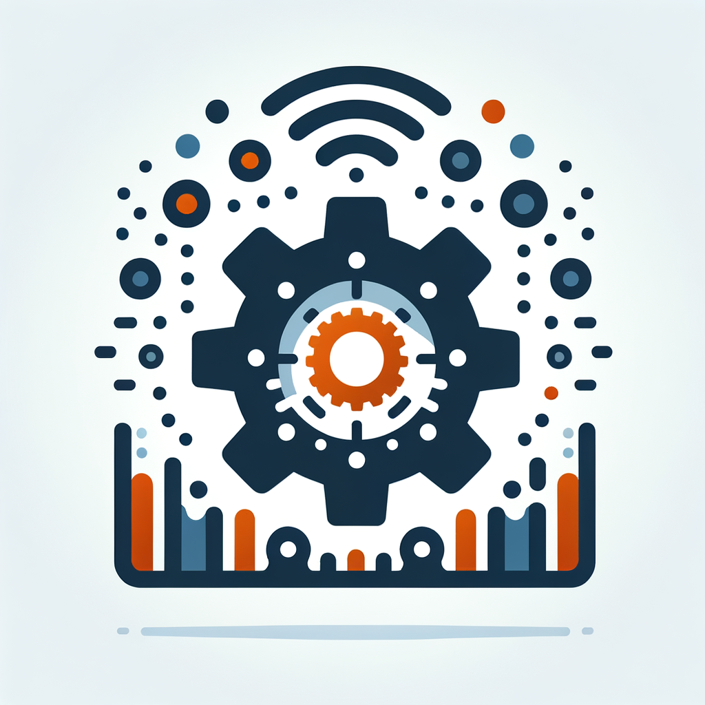 modern flat icon, gear with signal waves, real-time monitoring system, industrial IoT style, dark blue with orange accents, minimalistic, clean lines, vector icon, modern, no text, white background