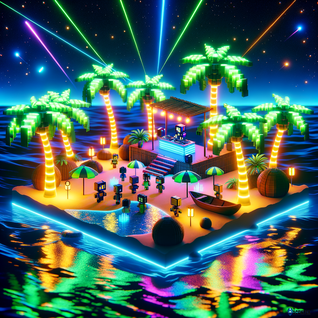 A Roblox-style scene showing a private tropical island turned into a disco party. The island has glowing neon palm trees, a sandy dance floor with Roblox avatars dancing under colorful lights, a DJ booth made of bamboo and coconuts, and the ocean glowing with reflections from lasers and disco lights. The night sky is full of stars, and the whole vibe feels exclusive, fun, and tropical — like a secret Roblox beach party.