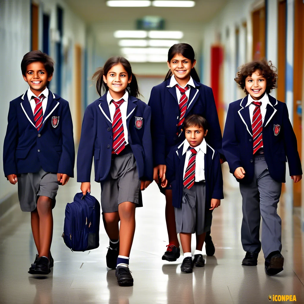 A 9 and 6 years old boy siblings walking in the school corridor, being laughed at by a 12 years old poor looking girl, a 12 years old street smart looking boy and a 10 years old poor looking sibling of the 12 years old girl. All wearing the same school uniform(navy blue shirts with striped navy blue and red ties and grey school pants. The 3 kids standing next to a door while the other two walk past them