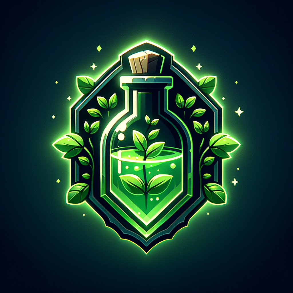 alchemy icon, potion bottle with herbs, green glow, research symbol, fantasy biologist icon, magical laboratory style, game UI icon fantasy MMORPG UI icon, metin2 style, 32x32, centered, dark background, high contrast, glowing edges, sharp, game interface icon, no text, no border