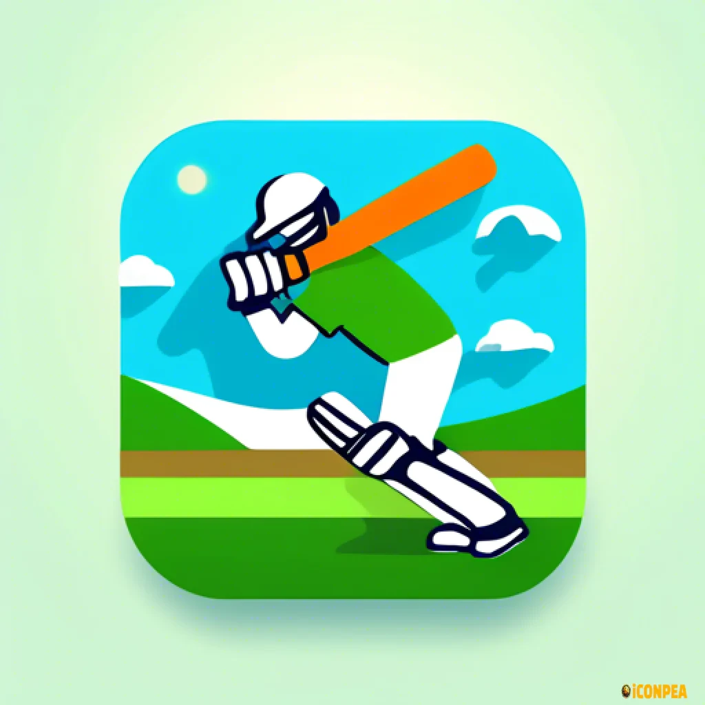 A bold and modern app icon for a cricket scoring app named "Gully Score Lite" by Myself Android. Focus on a stylized batsman in action with bat raised, wearing minimal gear. Use flat design with strong colors – green background, orange sun in the background, white uniform, and blue accents. Include stumps, clouds, and hills for background texture. Minimal shadows. Text not required in the icon. The design should be square, crisp, and instantly recognizable as a cricket scoring app. Style similar to sports illustration poster, with clean lines and clear composition. Icon must be vibrant and optimized for mobile app use.