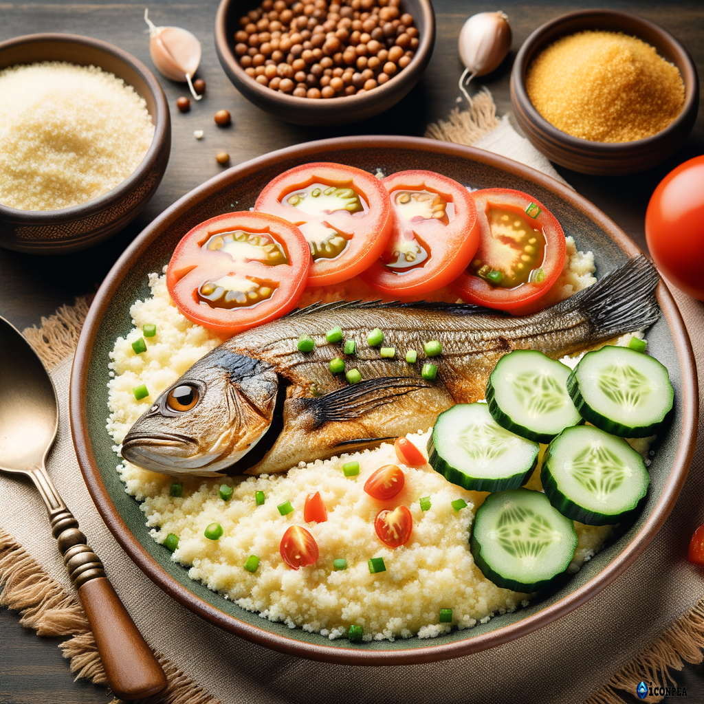 Une assiette de couscous de manioc et rien sur le couscous de maniocavec tomate et concombre et poisson braisé