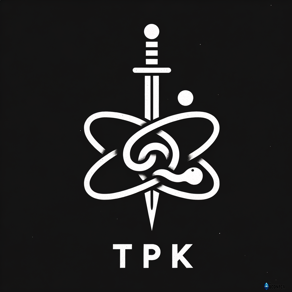 white text "TPK" on a black background, above letters an atom symbol of uran with a snake inside and a sword piercing the atom from top to bottom, minimalism, simple