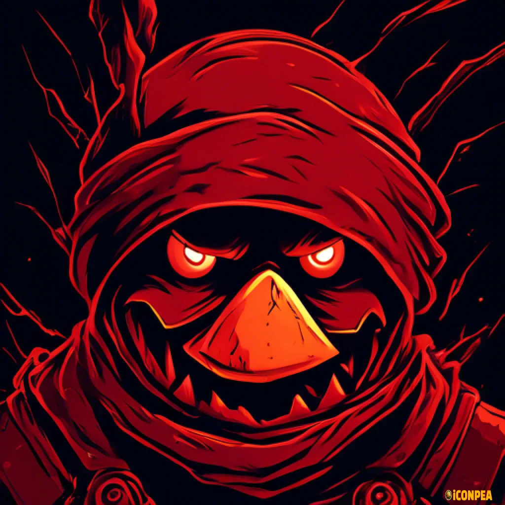the head of an evil dark red snowman with red eyes, who has a big gear instead of a hat and a bitten carrot instead of a nose