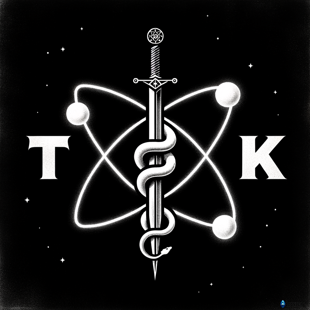 white text "TPK" on a black background, an atom symbol of uran with a snake inside and a sword piercing the atom from top to bottom