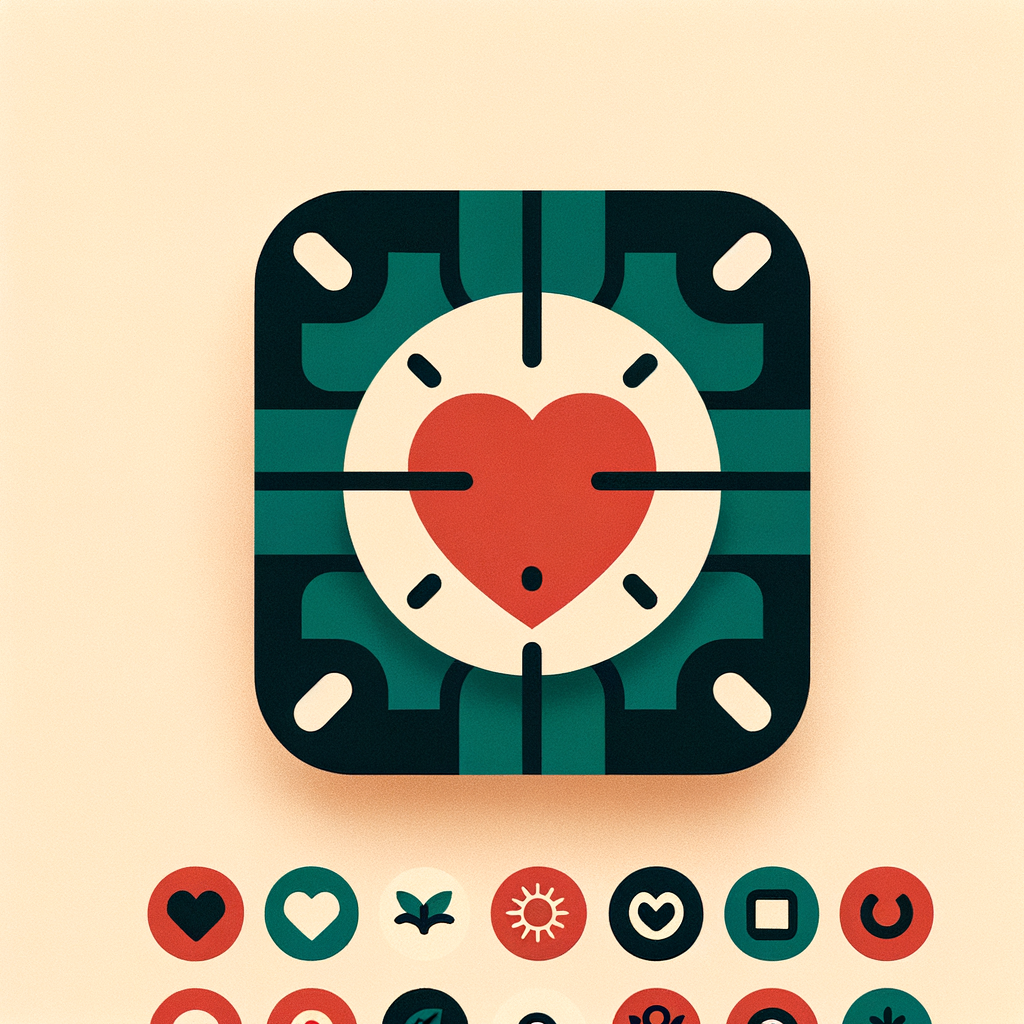 iOS app icon, 1024x1024, NO rounded corners, NO frame, NO border.  The design must fill the entire canvas edge-to-edge. No outer margin, no padding, no background card.  Minimal Japanese style.  Concept: - a simple heart and sun (peace of mind, daily life) - clean geometric shapes - very large central composition  Style: - flat design - soft beige background filling the whole canvas - deep green and warm red - extremely simple, bold shapes  Important: - icon must NOT look like it is placed on a card - no shadow, no container, no rounded square - background MUST reach all four edges  App Store ready icon