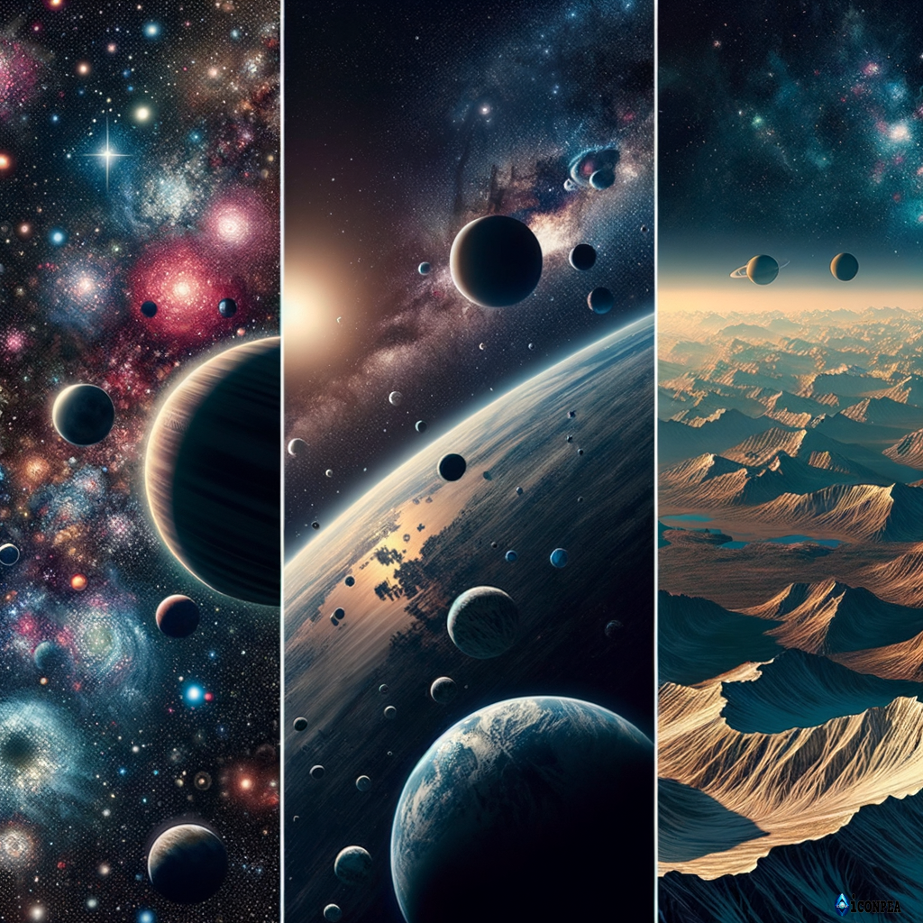 3 distinctly different images side by side: 1 star system (kepler), 2 closer planetary orbit, 3 planet surface.