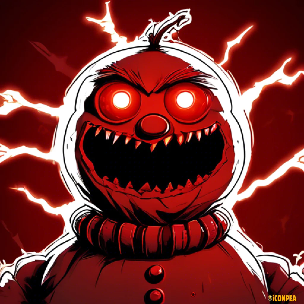 the head of an evil dark red snowman with red eyes, who has a big gear instead of a hat and a bitten carrot instead of a nose