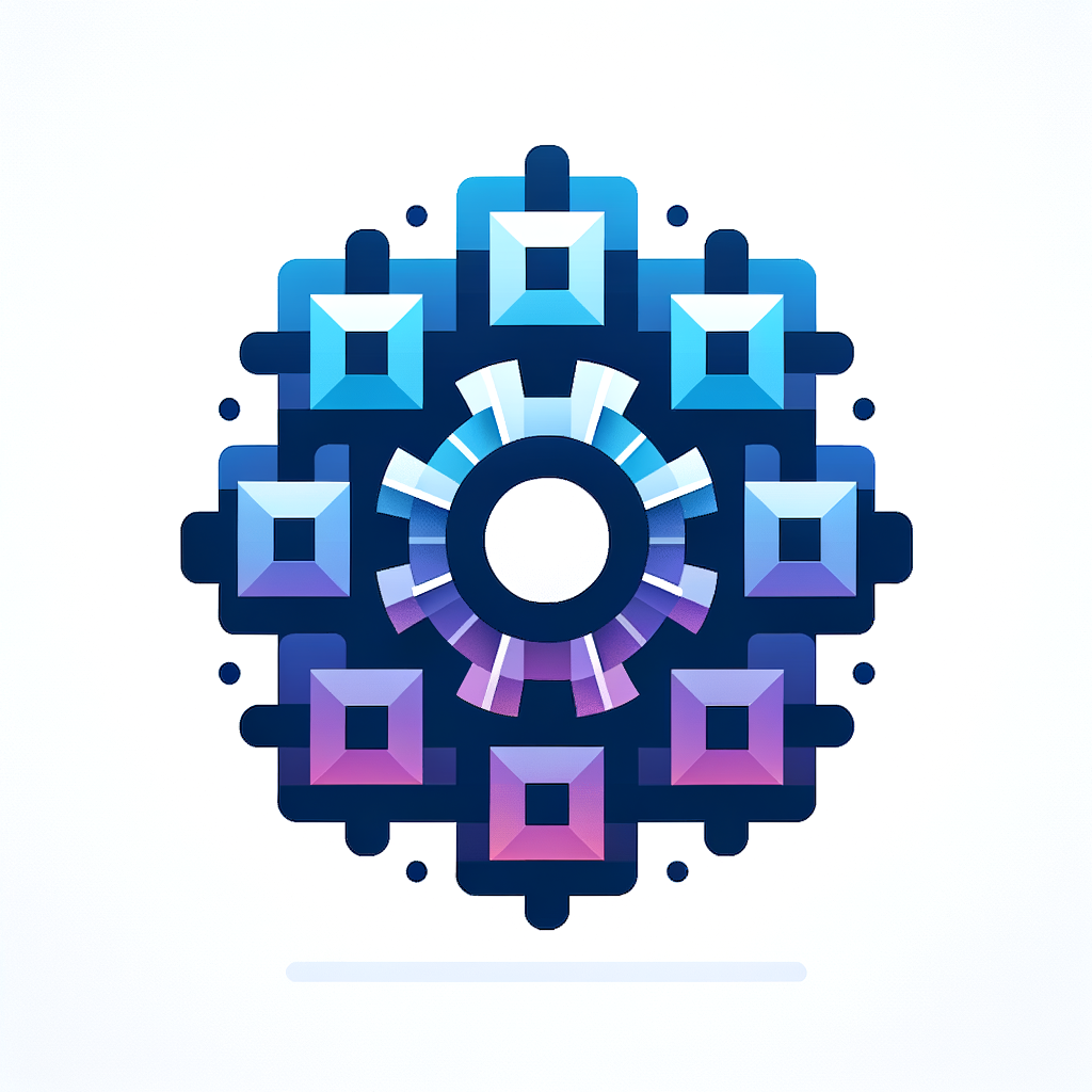 minimal geometric icon, connected blocks forming a gear shape, modular system architecture, clean SaaS style, blue and purple gradient, flat design, no text, white background