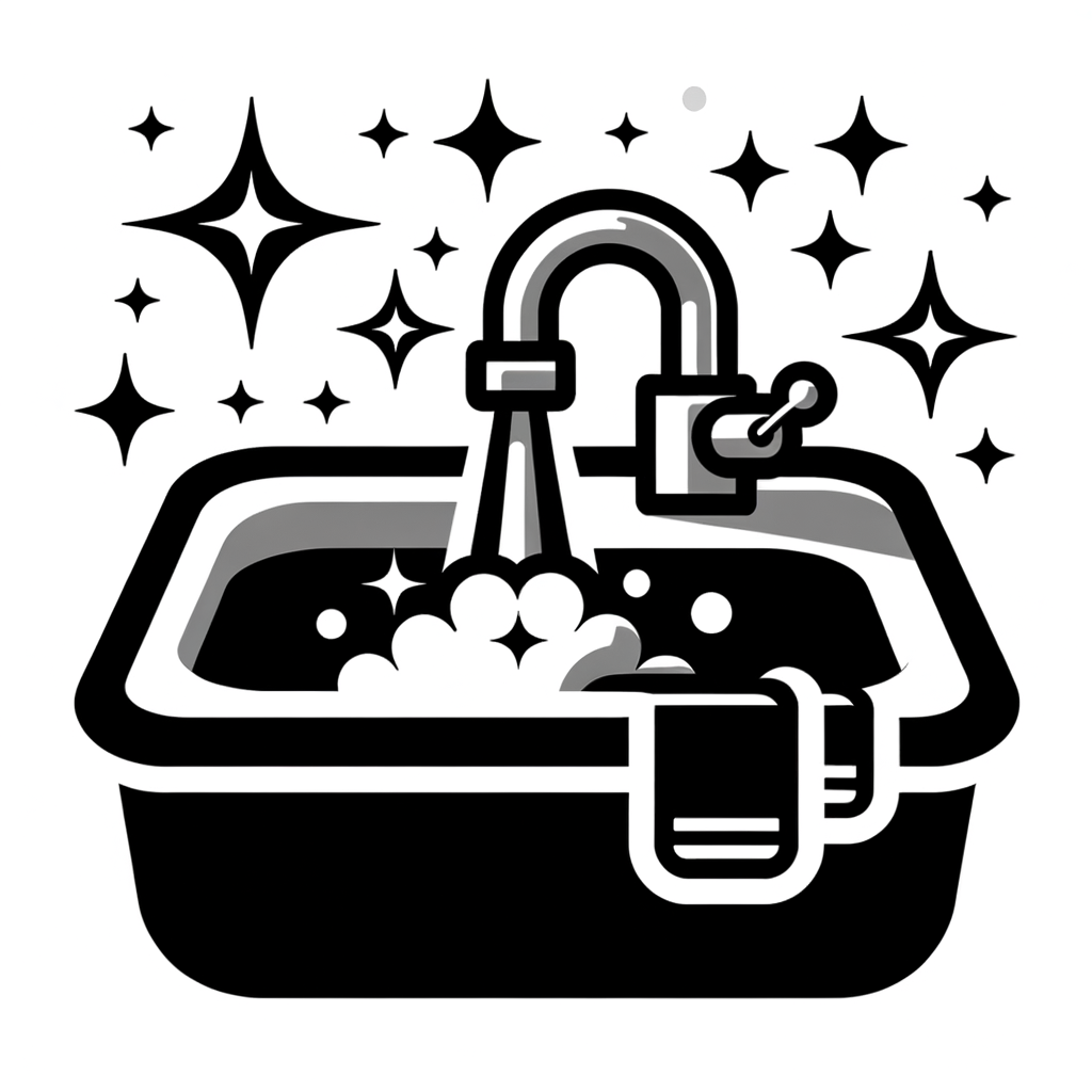 crée une icone noir et blanc 2d  a copier coller essaye de représenter: Lavabo propre, robinetteries et surfaces nettes et sans odeurs.