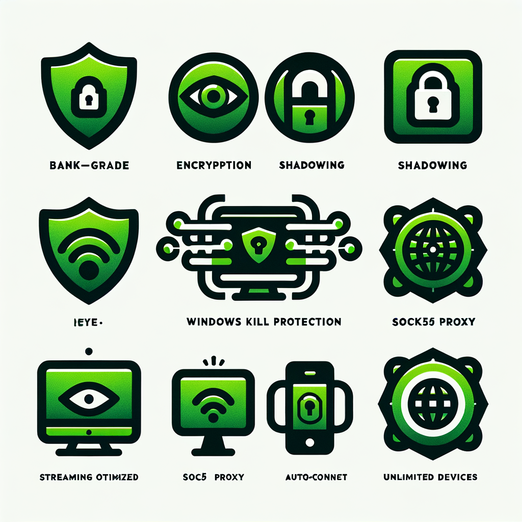 8 icons, all in the same style, a single icon set in a single green color. Clean vector style, rounded corners, uniform line weight, simple geometric shapes. No text, no background, centered, uniform size and scale. White background. Icons:  Bank-grade encryption — shield with lock  Shadowing — hidden eye or stealth silhouette  Windows kill switch — monitor with power-off symbol  SOCKS5 proxy — network nodes with proxy path  Auto-connect — circular arrows loop  DNS leak protection — shield over globe/network  Streaming optimized — play button with speed lines  Unlimited devices — phone, laptop, tablet combined