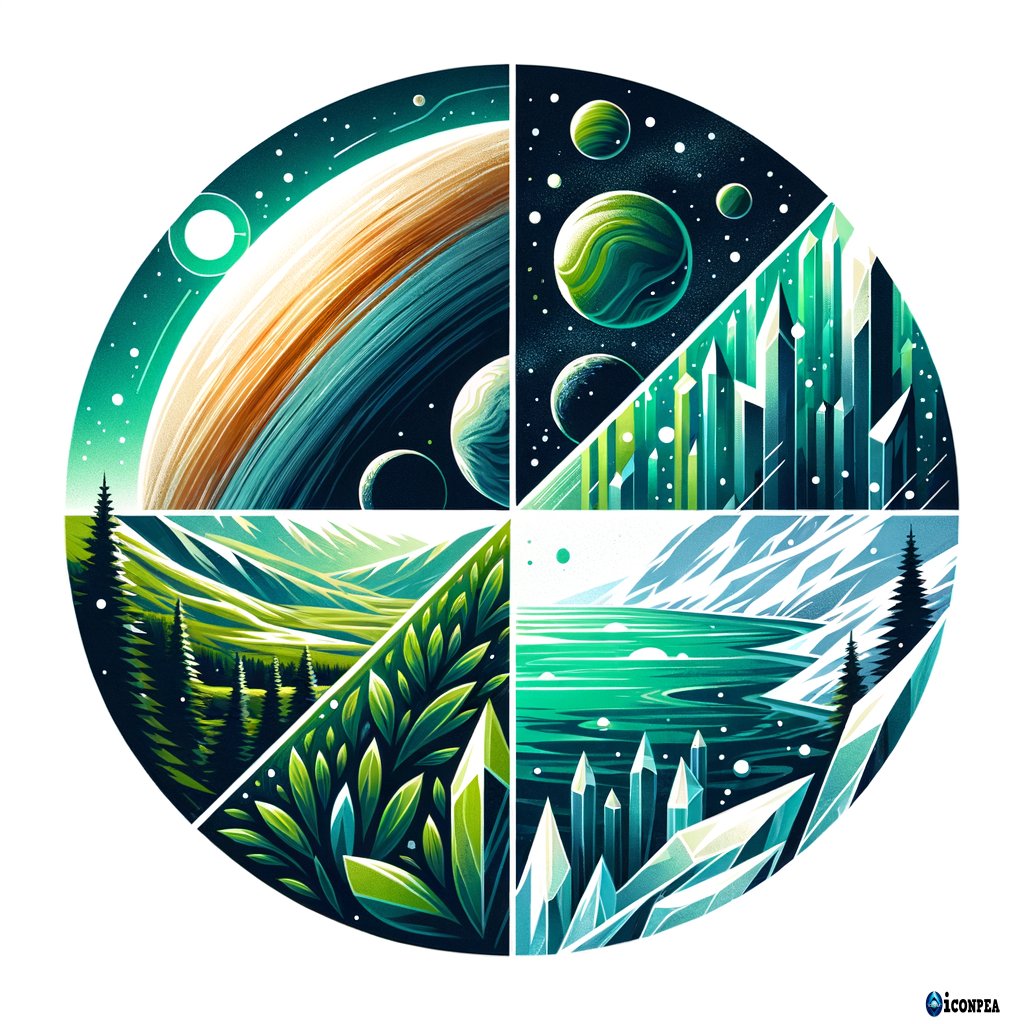 rounded logo with 4 distinctly different images with no overlap. 1: exoplanet. 2: green. 3: ice. 4: underwater