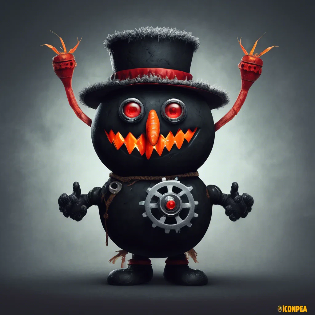 the head of an evil black snowman with red eyes, who has a big gear instead of a hat and a bitten carrot instead of a nose