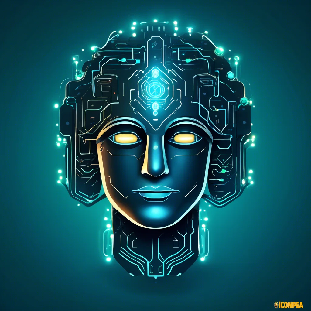 Create a sleek and modern app icon featuring a wise, futuristic AI figure. The design should depict a glowing, cybernetic face or a digital sage with an illuminated brain, symbolizing intelligence and deep thought. The figure should have an abstract or neural-network-inspired head, incorporating elements like circuits, flowing data lines, or a holographic effect. Use deep blue, neon cyan, and metallic silver tones to convey wisdom and high-tech mastery. The background should have a subtle futuristic grid or glowing aura to enhance the sense of advanced intelligence and a mastermind presence.