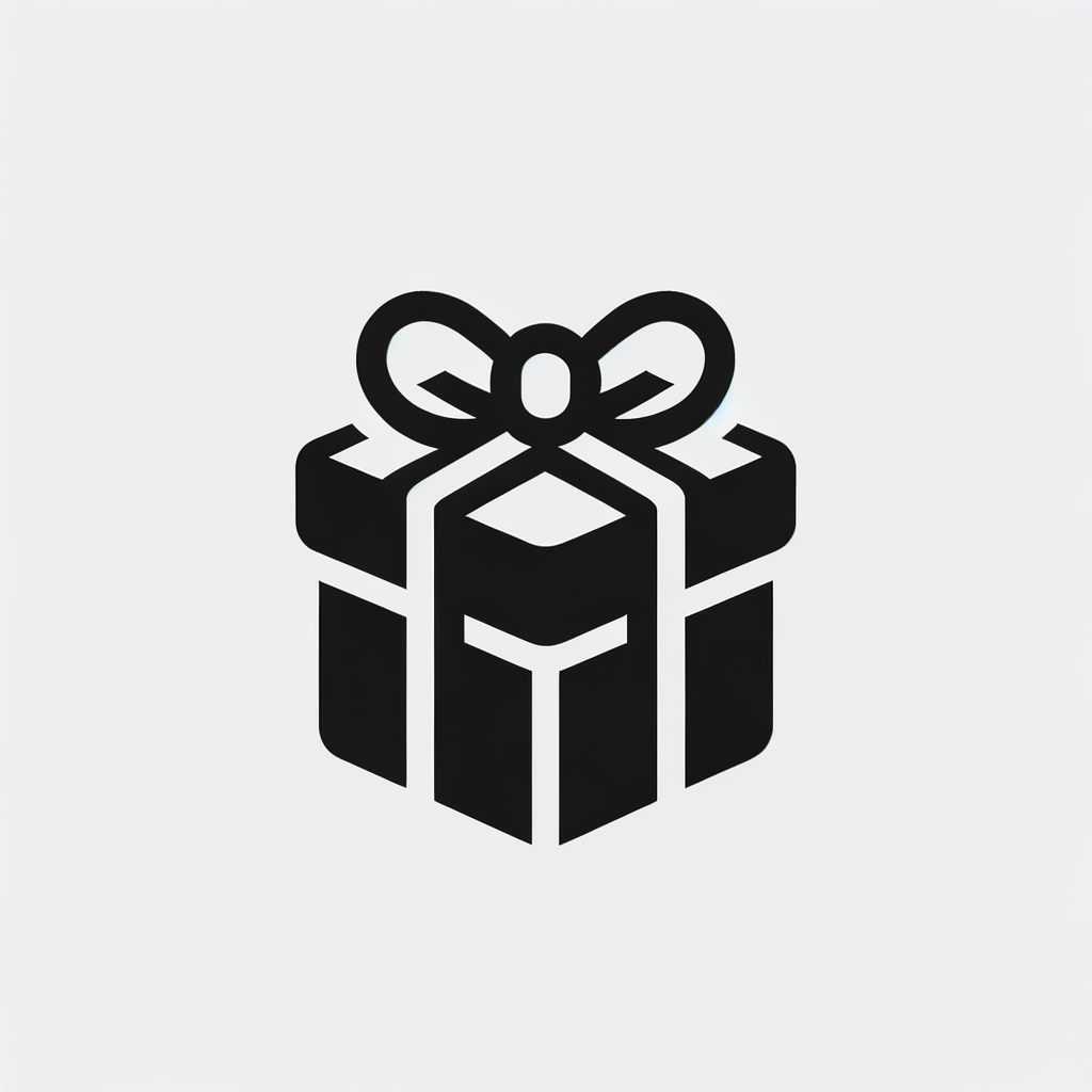 A small cube-shaped (classic) wrapped present/gift icon, black and white, clean and stylish.