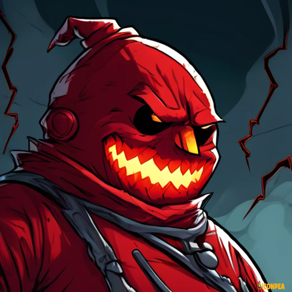 the head of an evil dark red snowman with red eyes, who has a big gear instead of a hat and a bitten carrot instead of a nose